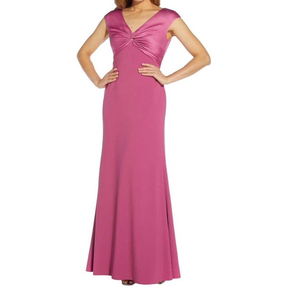 Adrianna Papell Satin Crepe Twist Front Gown Size 8 Formal V Neck In Rose Mauve